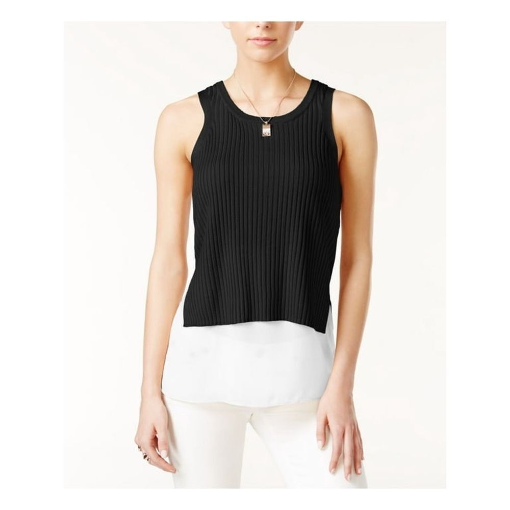 bar III Womens Mixed Media Knit Sleeveless Blouse Top Black White Sz XL